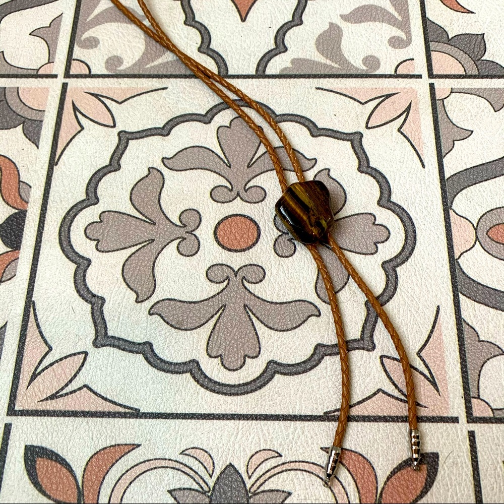 Bolo tie tan brown stone braided leather cord 70s